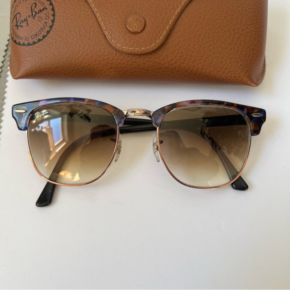 Ray-Ban Sunglasses Clubmaster Fleck Brown Blue Lens 51mm Unisex RB3016 Gradient - Picture 2 of 7